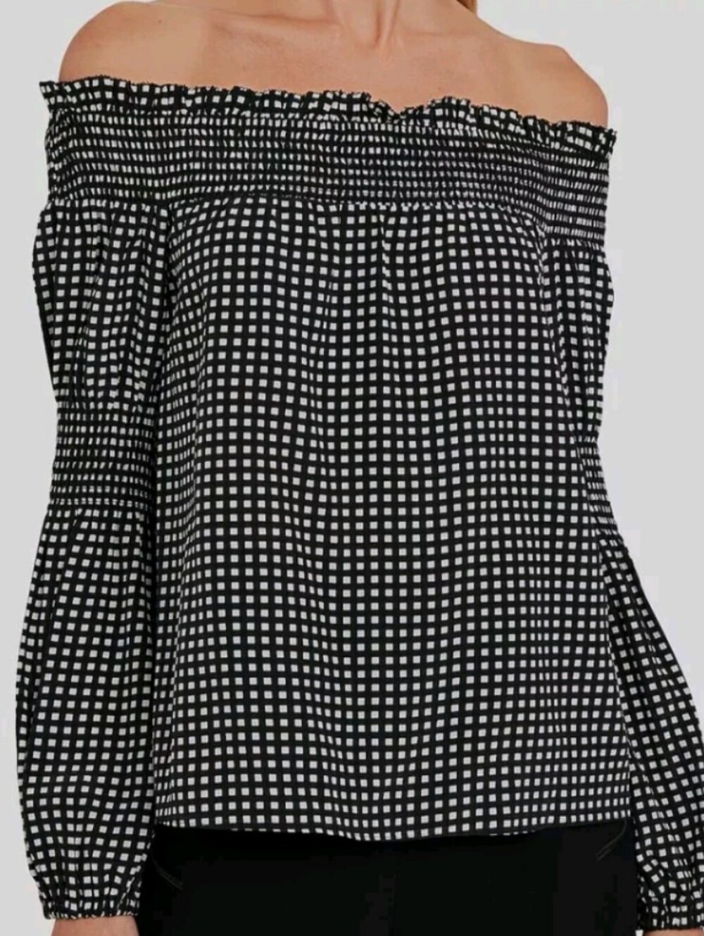 L'Agence Womens Black Gingham Print Off-The-Shoulder Silk Blouse Top Size Xs